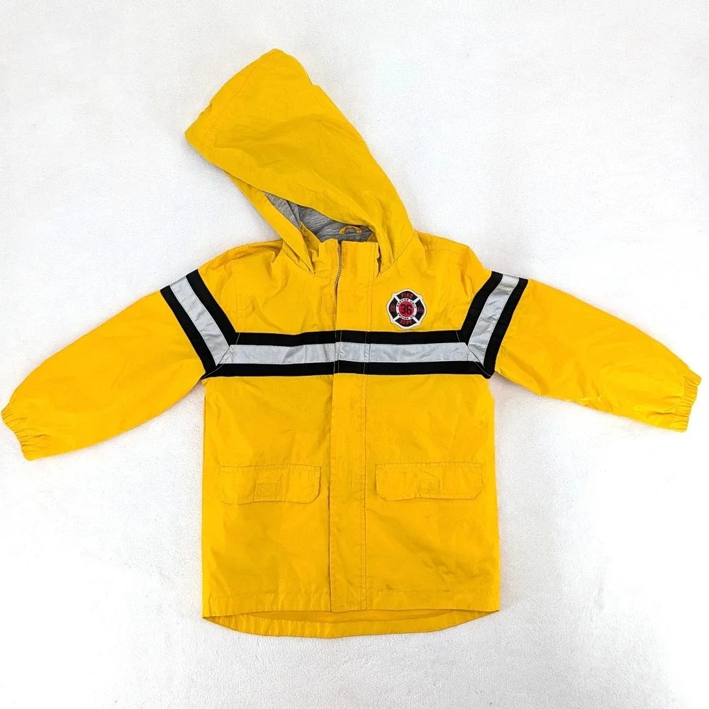 Carter's Firefighter Raincoat Yellow Reflective Striped Hooded‎ Jacket Size 5-6